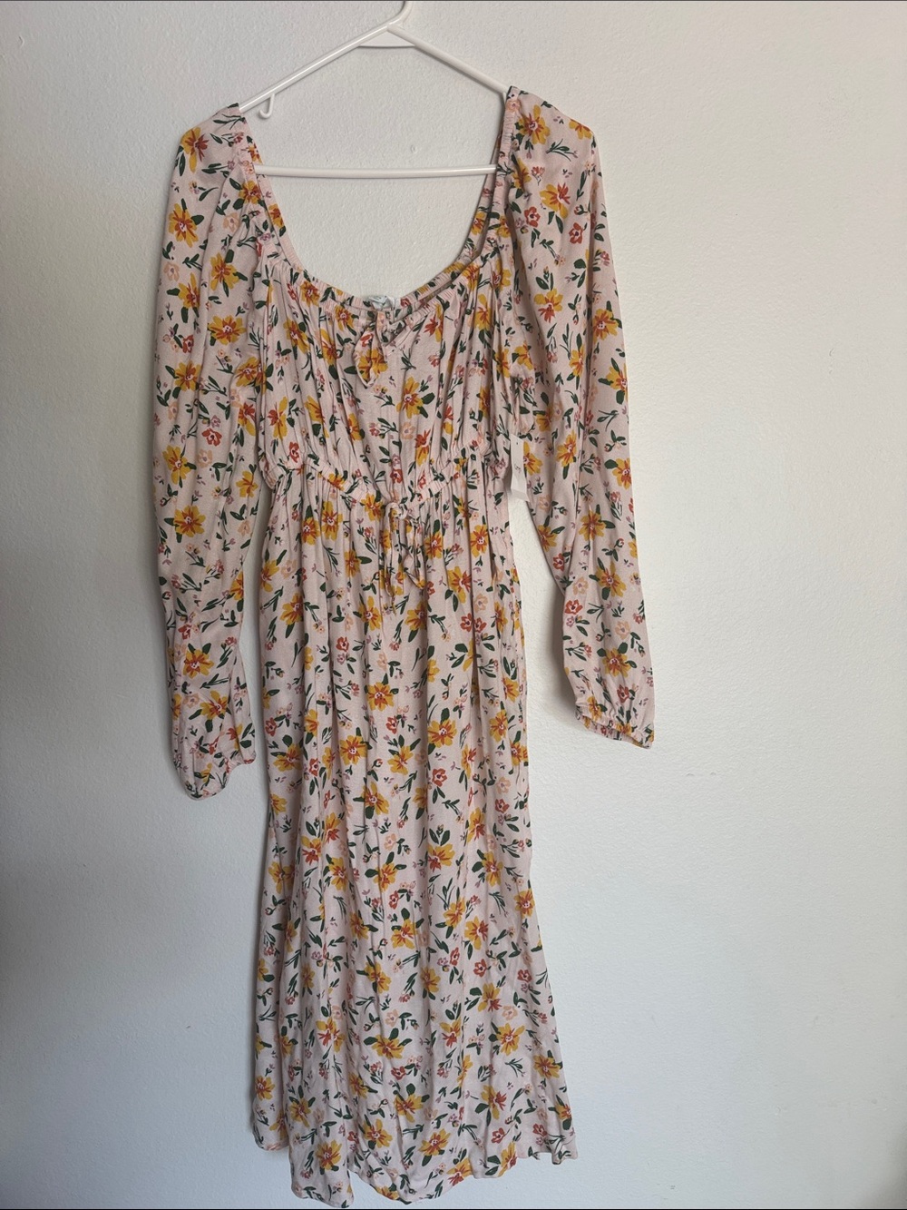 dip Floral Puff-Sleeve Midi Dress in Cream with Yellow & Green Accents